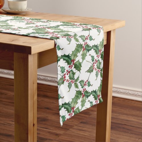 Watercolor Holly and Red Berries Long Table Runner