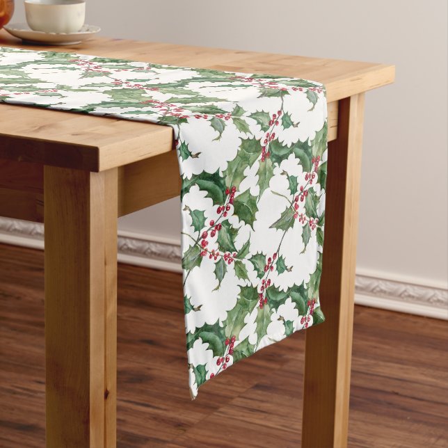 Watercolor Holly and Red Berries Long Table Runner (In Situ)
