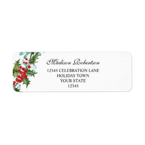 Watercolor Holly and  Red Berries Return Address Label