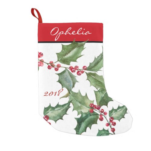 Watercolor Holly and Red Berries Small Christmas Stocking