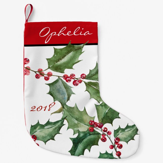 Watercolor Holly and Red Berries Small Christmas Stocking (Front)