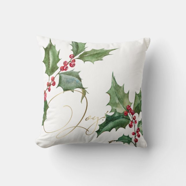 Watercolor Holly and Red Berries Throw Pillow (Front)