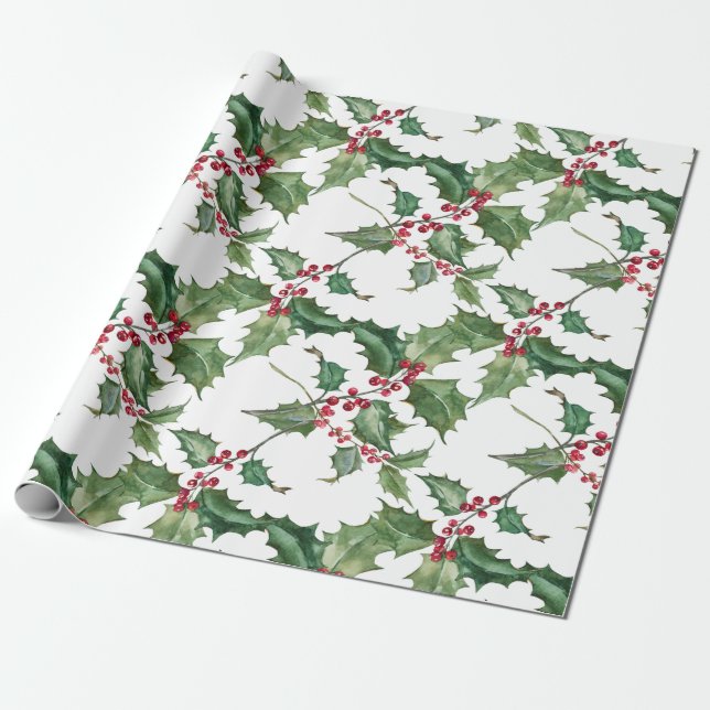 Watercolor Holly and Red Berries Wrapping Paper (Unrolled)