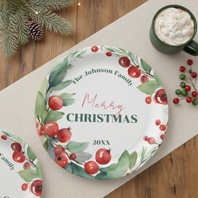 Watercolor Holly and Red Berries Wreath Christmas Paper Plates (Creator Uploaded)