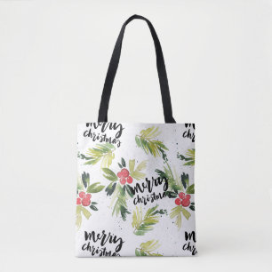 Watercolor Holly and Winter Greenery Christmas Tote Bag
