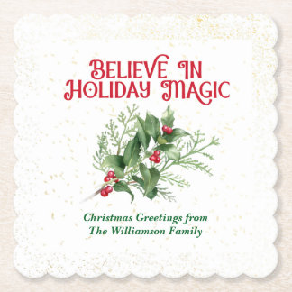 Watercolor Holly Believe Holiday Magic Christmas Paper Coaster