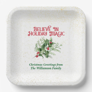 Watercolor Holly Believe Holiday Magic Christmas Paper Plates