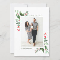 Watercolor Holly Berries and Greenery Photo Holiday Card