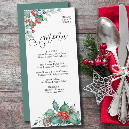 Watercolor Holly Berries and Pine Winter Wedding Menu