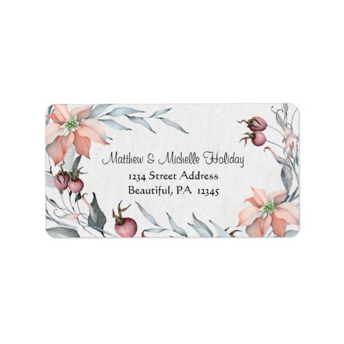 Watercolor Holly Berries and Poinsettias Christmas Label