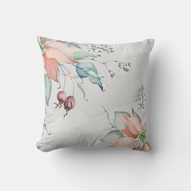 Watercolor Holly Berries and Poinsettias Christmas Throw Pillow (Front)