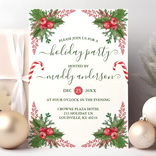 Watercolor Holly Berries Candy Cane Party Holiday Card