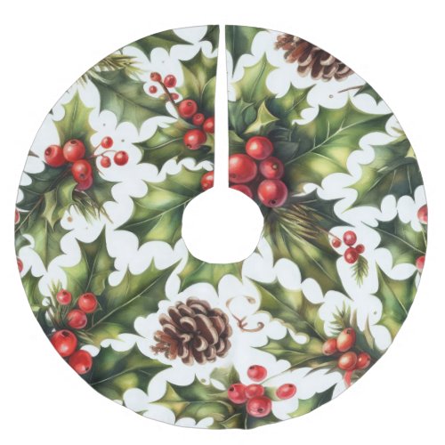 Watercolor Holly Berries Christmas Motifs Holiday Brushed Polyester Tree Skirt