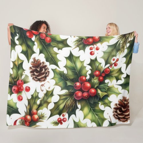 Watercolor Holly Berries Christmas Motifs Holiday Fleece Blanket