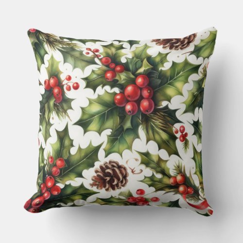 Watercolor Holly Berries Christmas Motifs Holiday Throw Pillow
