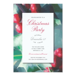 Watercolor Holly Berries Christmas Party Invitation