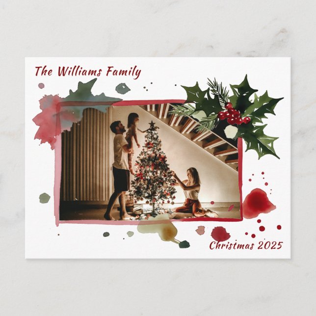 Watercolor Holly Berries Christmas Tree Holiday Postcard (Front)