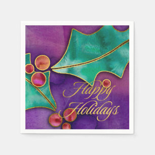 Watercolor Holly Berries Gold Happy Holidays Paper Napkins
