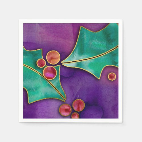 Watercolor Holly Berries Gold Purple Red Green Napkins