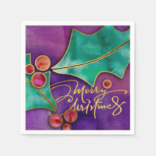 Watercolor Holly Berries Holiday Merry Christmas Napkins