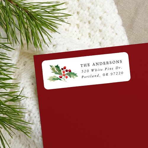 Watercolor Holly Berries Holiday Return Address Label