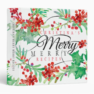 Watercolor Holly Berries Monogram Holiday Recipe 3 Ring Binder