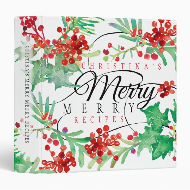 Watercolor Holly Berries Monogram Holiday Recipe 3 Ring Binder (Front/Spine)