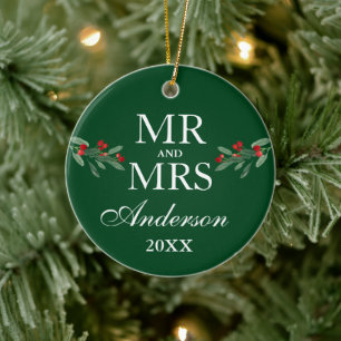 Watercolor Holly Berries Mr. Mrs. PHOTO BACK Green Ceramic Ornament