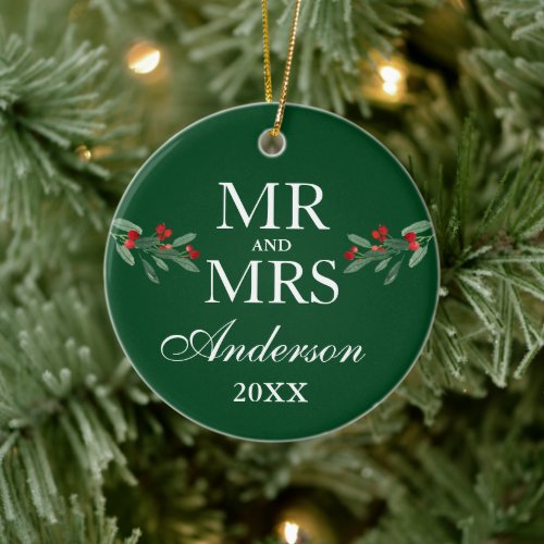 Watercolor Holly Berries Mr Mrs PHOTO BACK Green Ceramic Ornament