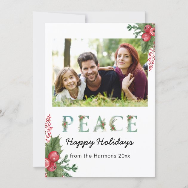 Watercolor Holly Berries Peace Christmas Photo Holiday Card