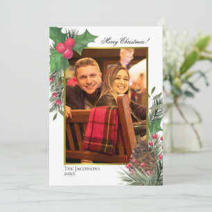 Watercolor Holly Berries Pine & Greenery Photo Holiday Card