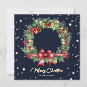 Watercolor Holly Berries Pine Wreath Blue Photo Holiday Card