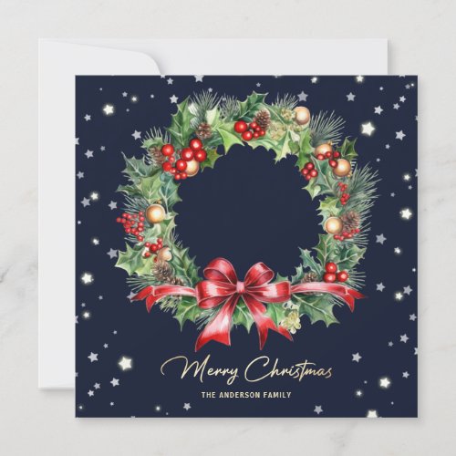 Watercolor Holly Berries Pine Wreath Blue Photo Holiday Card