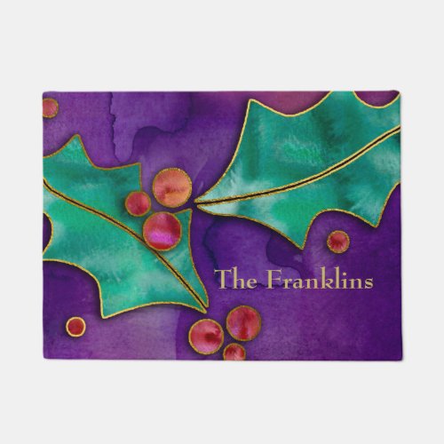 Watercolor Holly Berries Purple Green Red Holiday Doormat