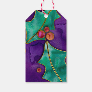 Watercolor Holly Berries Purple Green Red Holiday Gift Tags