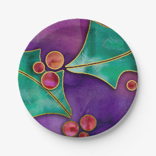 Watercolor Holly Berries Purple Green Red Holiday Paper Plates