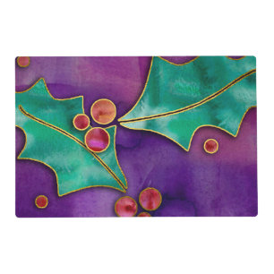 Watercolor Holly Berries Purple Green Red Holiday Placemat