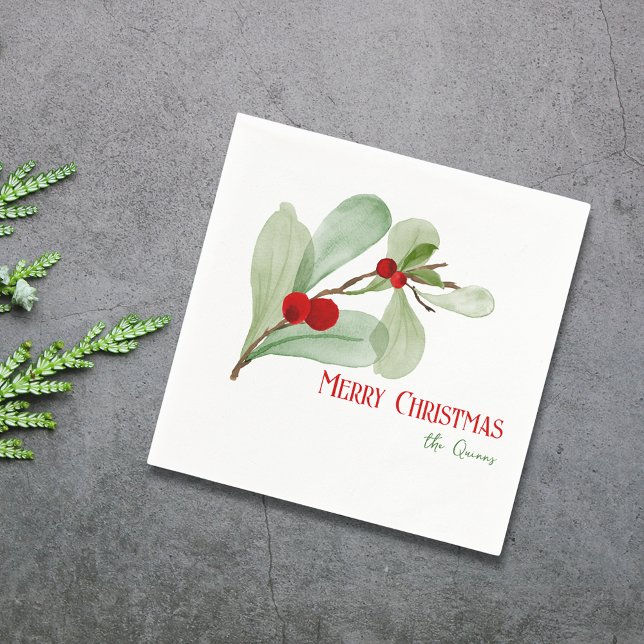 Watercolor Holly Berries Simple Merry Christmas  Napkins (Simple Watercolor Greenery Merry Christmas Napkins)