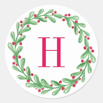 Watercolor Holly Berries Wreath Monogram Classic Round Sticker by DesignsActual at Zazzle