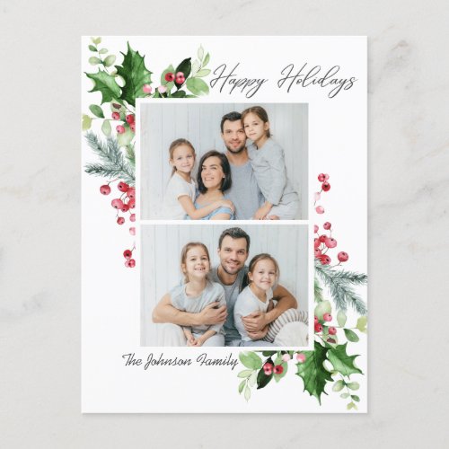 Watercolor Holly Berry Christmas 2 PHOTO Greeting Postcard