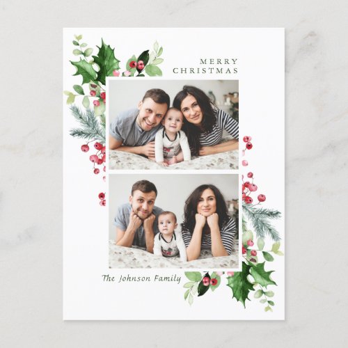 Watercolor Holly Berry Christmas 2 PHOTO Greeting Postcard