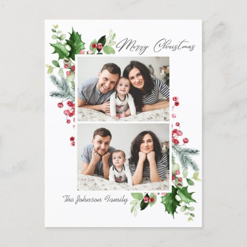 Watercolor Holly Berry Christmas 2 PHOTO Greeting Postcard