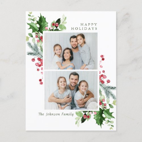 Watercolor Holly Berry Christmas 2 PHOTO Greeting Postcard