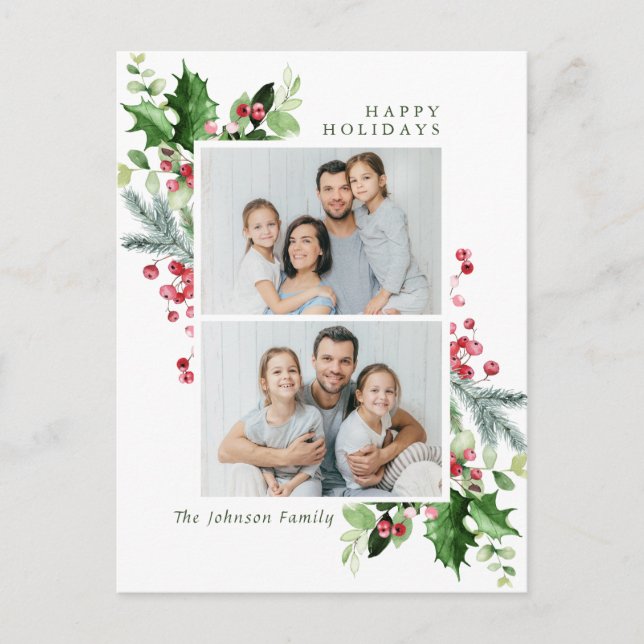 Watercolor Holly Berry Christmas 2 PHOTO Greeting Postcard (Front)
