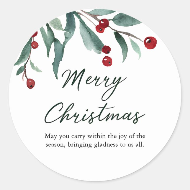 Watercolor Holly Berry Christmas Classic Round Sticker (Front)