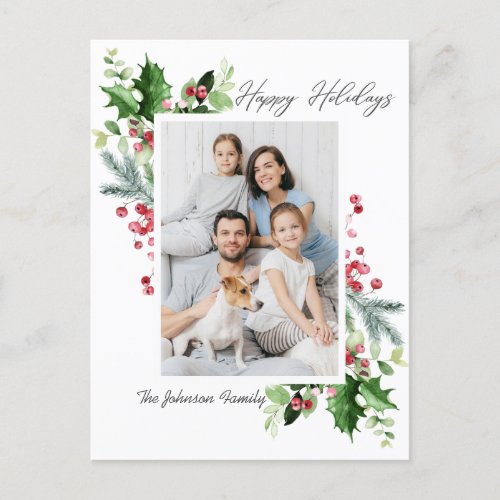 Watercolor Holly Berry Christmas PHOTO Greeting Postcard