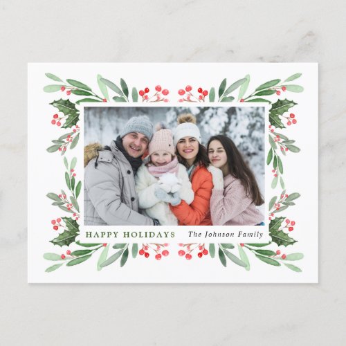 Watercolor Holly Berry Christmas PHOTO Greeting Postcard