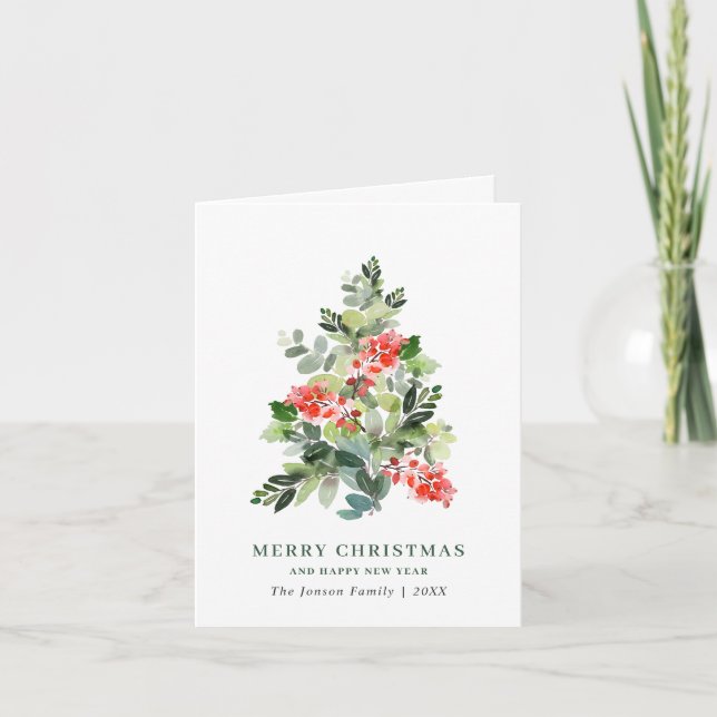 Watercolor Holly Berry Christmas Tree Greeting Hol Holiday Card (Front)