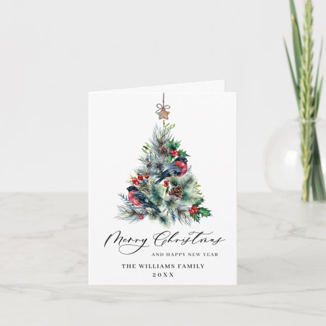 Watercolor Holly Berry Christmas Tree Greeting Hol Holiday Card (Front)