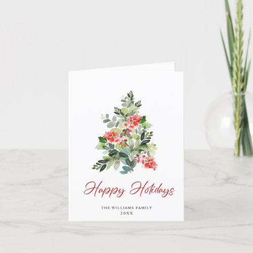 Watercolor Holly Berry Christmas Tree Greeting Holiday Card